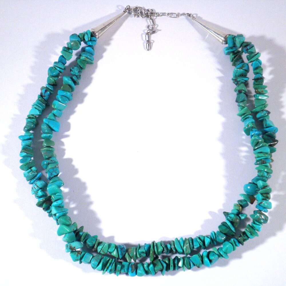 Vintage Relios Pollack Turquoise Bead Sterling Silver Double-strand Necklace